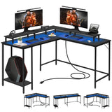 Panana 53.5" L Shaped Computer Desk Gaming Desk with LED Lights and Power Outlets, Reversible L Shaped Corner Desk with Monitor Stand, Home Office Desk with Shelf and USB Port (Black) Panana
