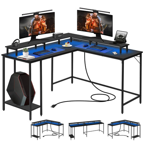 Panana 53.5" L Shaped Computer Desk Gaming Desk with LED Lights and Power Outlets, Reversible L Shaped Corner Desk with Monitor Stand, Home Office Desk with Shelf and USB Port (Black) Panana