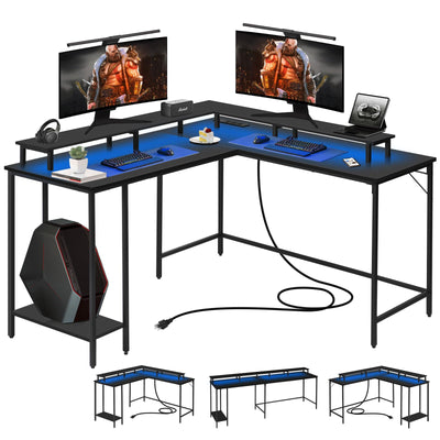 Panana 53.5" L Shaped Computer Desk Gaming Desk with LED Lights and Power Outlets, Reversible L Shaped Corner Desk with Monitor Stand, Home Office Desk with Shelf and USB Port (Black)