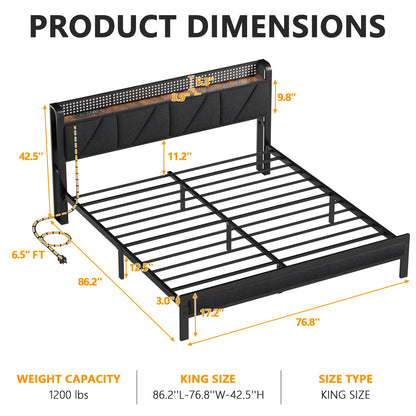 Furnulem Rustic Brown King Bed Frame with LED Light, Charging Station, and Under-Bed Storage - WoodArtSupply