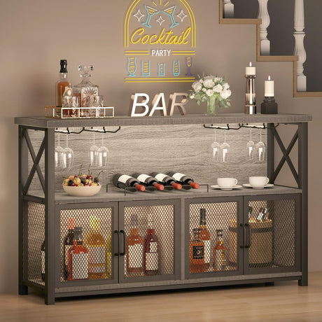 LVB Liquor Home/ Coffee Bar Cabinet, Industrial Farmhouse Modern Sideboard Buffet Cabinet for liquor and glasses with Wine Rack Storage for Kitchen Dining Living Room, Light Grey Oak 47 in LVB