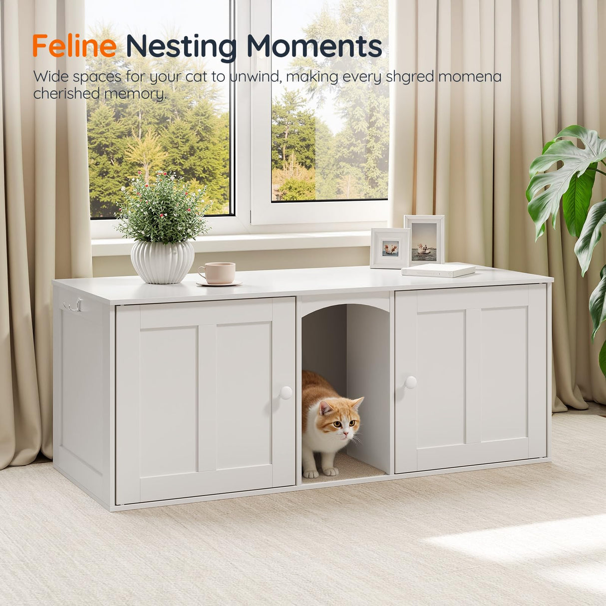 HOOBRO Litter Box Enclosure with Double Room, Cat Furniture for 2 Cats, Hidden Litter Box Furniture with 2 Hooks, Wooden Cat Washroom with Scratching Mat, White WT21MW01 HOOBRO