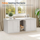 HOOBRO Litter Box Enclosure with Double Room, Cat Furniture for 2 Cats, Hidden Litter Box Furniture with 2 Hooks, Wooden Cat Washroom with Scratching Mat, White WT21MW01 HOOBRO