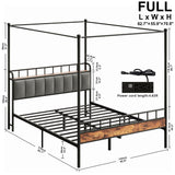 LIKIMIO Canopy Bed Frame Full, Storage Headboard with Charging Station, Platform Bed with 4 Removable Sturdy Posts, Noise Free, No Box Spring Needed, Vintage Brown LIKIMIO