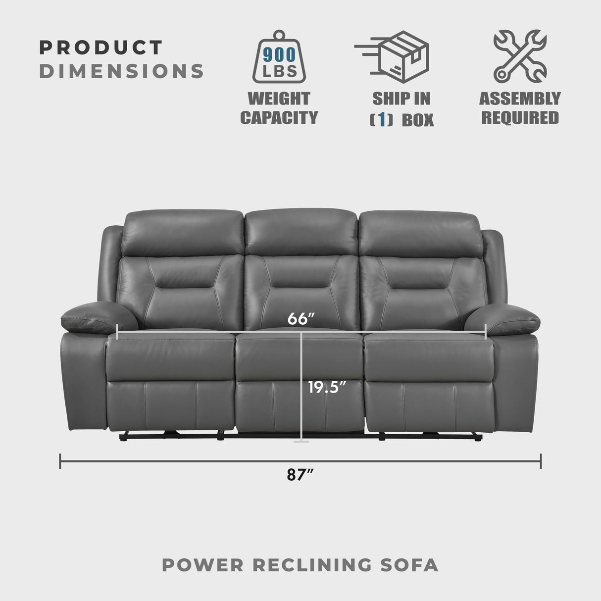 Lexicon Power Double Recliner Sofa, Top Grain Leather Match Reclining Sofa with Pillow Top Armrests, Home Theater Seating, Wall Hugger Recliner Couch with USB Port, 87" W, Dark Gray Lexicon