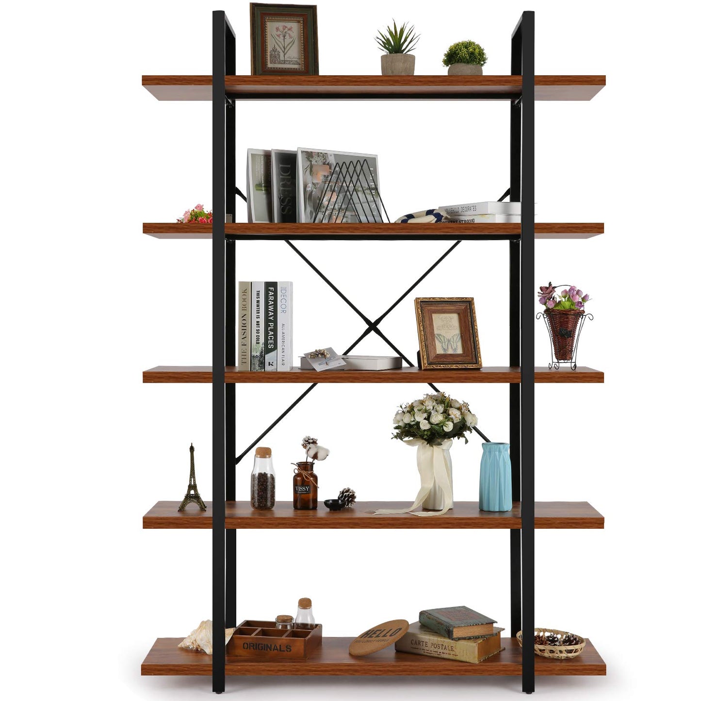 BATHWA 5-Tier Rustic Industrial Bookshelf - 6ft Tall Wooden and Metal Bookcase for Home & Office Storage - WoodArtSupply