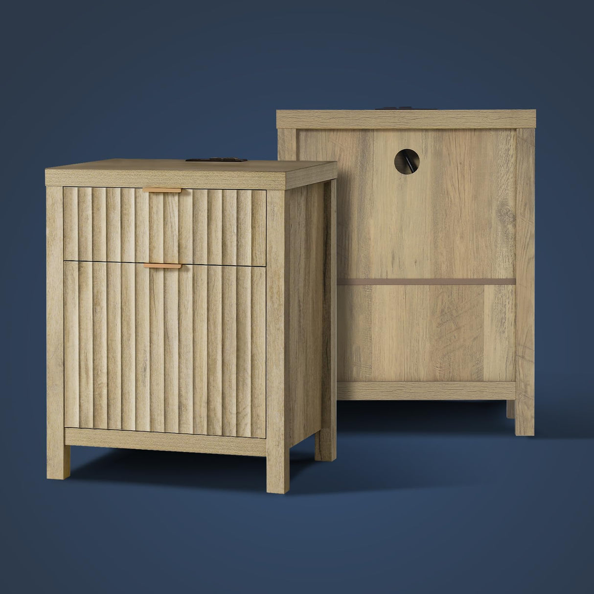 OAKHAM HOME Oxford 2 Drawer Nightstand, End Table with Charging Station, Night Stand with Fluted Panel, Farmhouse Sofa/Bed Side Table Set of 2 (Sunwashed Ash Oak) OAKHAM HOME