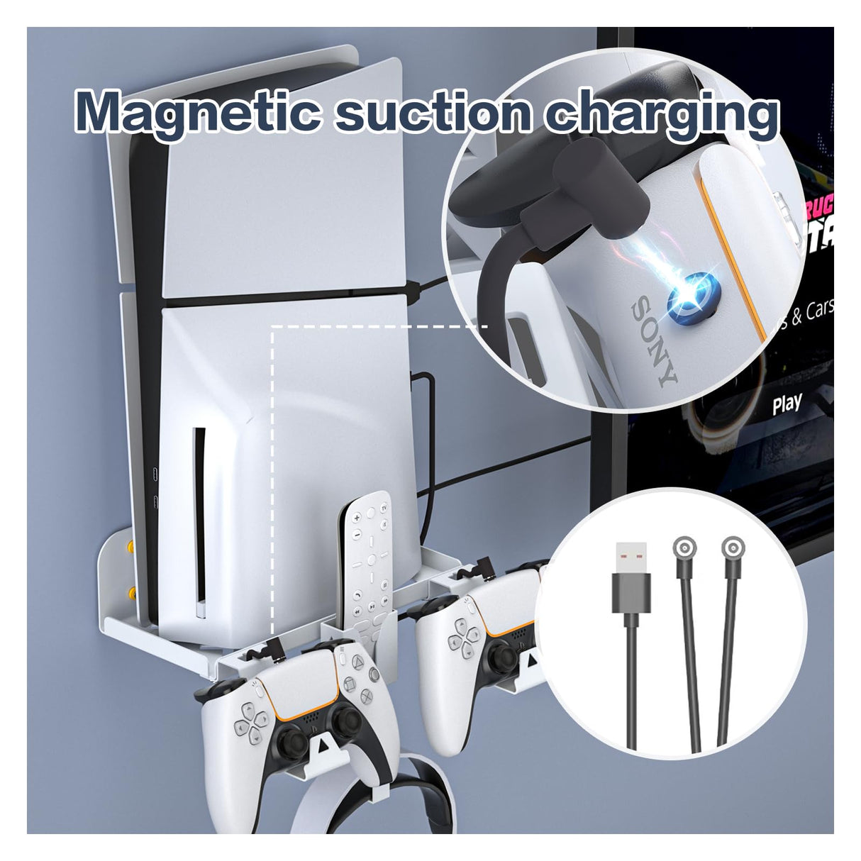 HEATFUN PS5 Slim Wall Mount Kit, Metal PS5 Slim Wall Shelf with Controller and Headphone Holder with 2-in-1 Magnetic Charging Cable - White HEATFUN