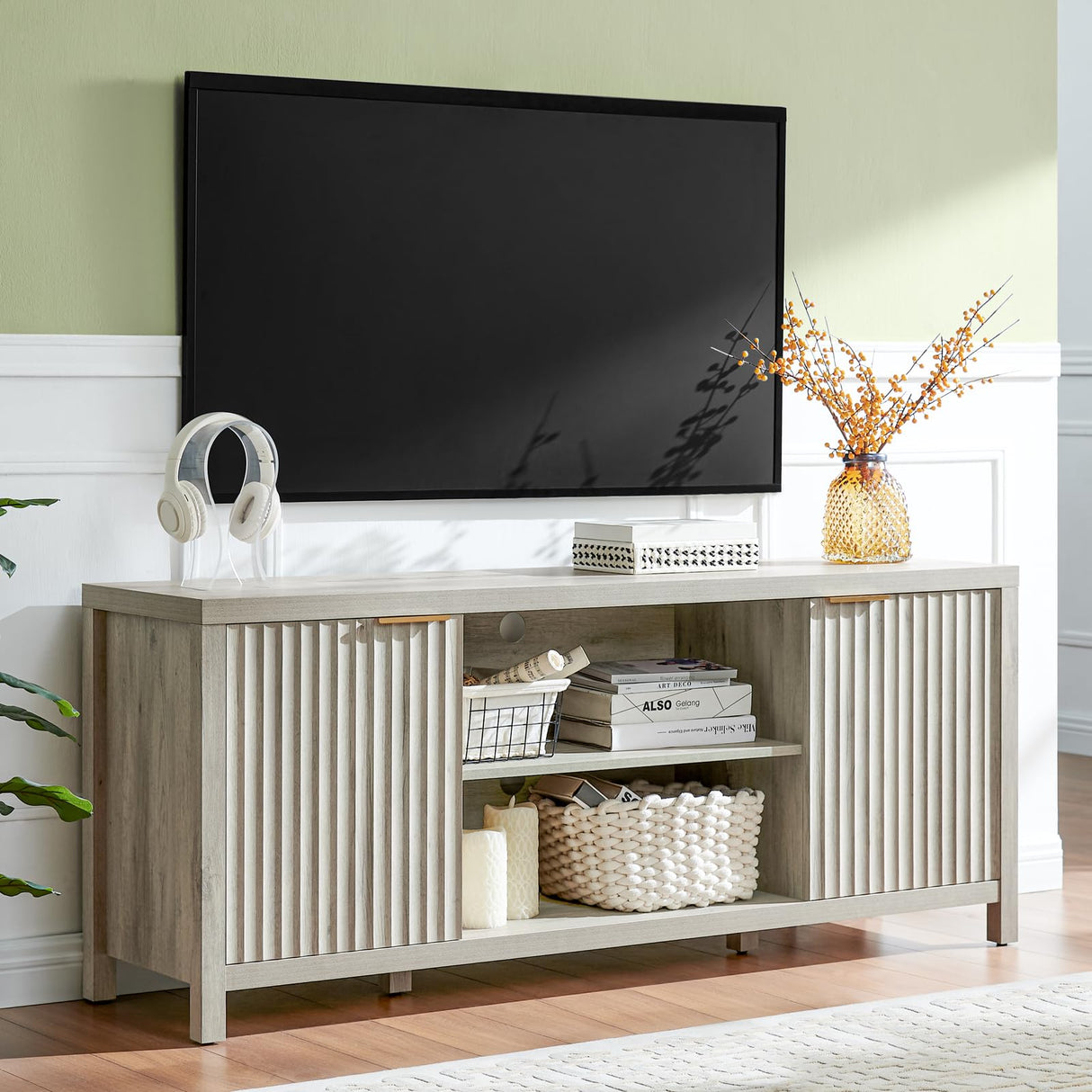 OAKHAM HOME Fluted TV Stands for Living Room, Heavy Duty Entertainment Center with Storage, Mid Century Modern Television Stands for 50/55/60/65 TV, Oxford Media TV Console (Grey Oak) OAKHAM HOME