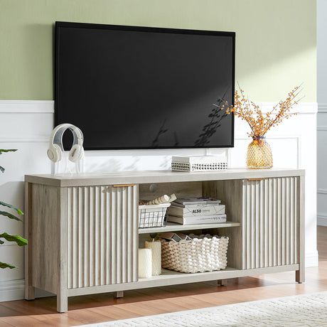 OAKHAM HOME Fluted TV Stands for Living Room, Heavy Duty Entertainment Center with Storage, Mid Century Modern Television Stands for 50/55/60/65 TV, Oxford Media TV Console (Grey Oak) OAKHAM HOME