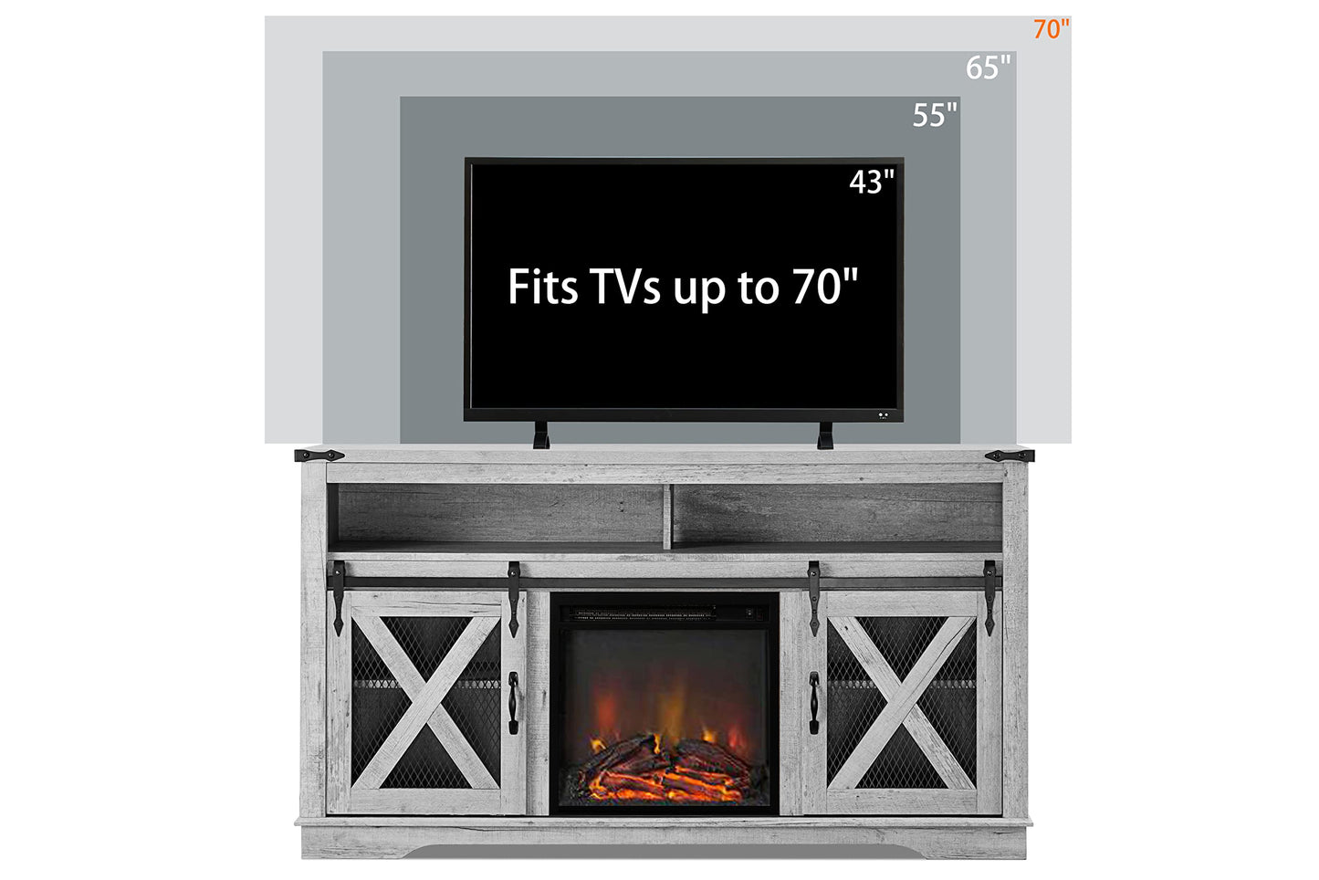 Okvnbjk Fireplace TV Stand for TVs up to 70", Entertainment Center with 18" Electric Fireplace, Farmhouse TV Stand Industrial Media Console with Sliding Barn Door for Living Room, 58 Inch, White Oak