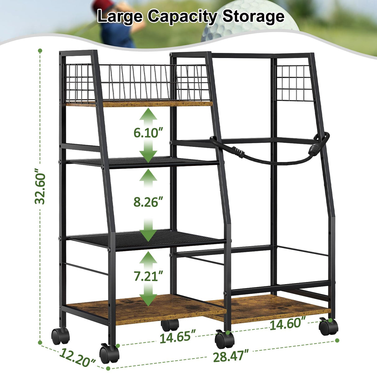 DAOUTIME Golf Bag Garage Storage Rack with Wheels, Organizer for Single Golf Bag and Equipment Accessories, Ideal for Home, Garage, Club, Shed, Basement - Sturdy Wood and Metal Construction (Black) DAOUTIME