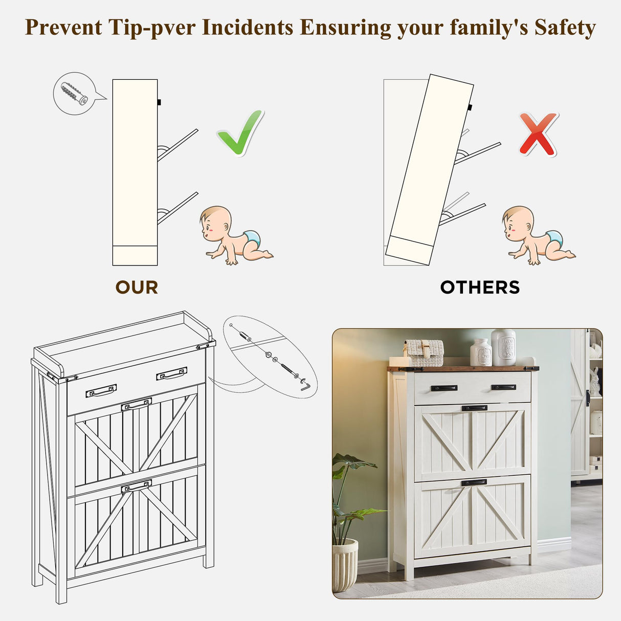 OKD Shoe Storage Cabinet with 2 Flip Drawers, Farmhouse Entryway Shoe Organizer with Drawer, Freestanding Rustic Hidden Shoe Rack Cabinet for Entryway, Antique White OKD