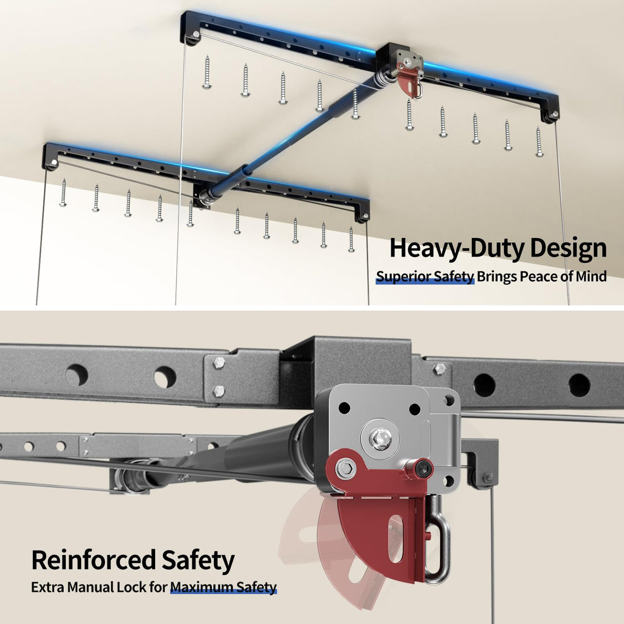 KOKORACKER Garage Ceiling Storage Racks, Heavy-duty 4x4 Ft Overhead Garage Storage Rack with Safety Lock, Ideal for Overhead Storage Mounted Lift System and Storage Organizer, 250lbs Capacity KOKORACKER