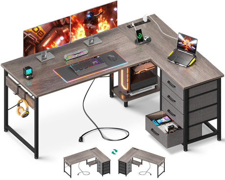 AODK L Shaped Desk with 4 Tier Drawers, 53" Reversible Gaming Desk with Power Outlets, L Shaped Computer Desk with USB Charging Port and Host Stand, Home Office Corner Desk, Easy to Assemble, Grey Oak AODK
