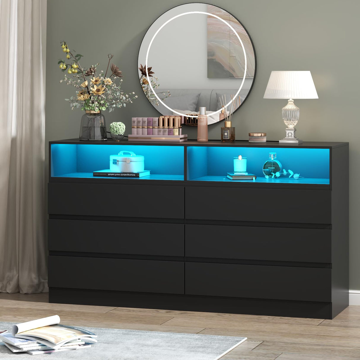 Gyfimoie 6 Drawer Double Dresser with Power Outlet, Accent Chests of Drawers with LED Light, Modern Storage Dresser for Bedroom, Living Room (Black) Gyfimoie