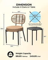 GarveeLife 3 Piece Wicker Patio Bistro Furniture Set, Outdoor Dining Chairs, Includes 2 Rattan Chairs and Tempered Glass Table, for Garden, Backyard, Balcony, Apartment (Black & Brown) GarveeLife