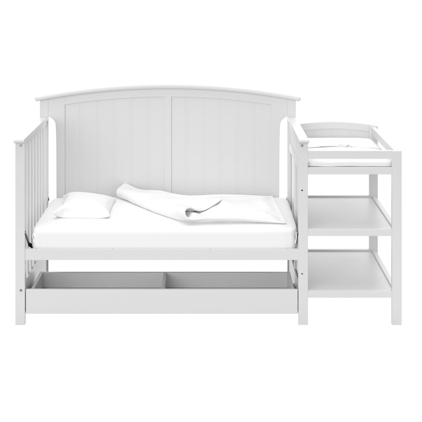 Storkcraft Steveston 5-in-1 Convertible Crib and Changer with Drawer (White) – GREENGUARD Gold Certified, Crib and Changing Table Combo with Drawer, Converts to Toddler Bed, Daybed and Full-S - WoodArtSupply