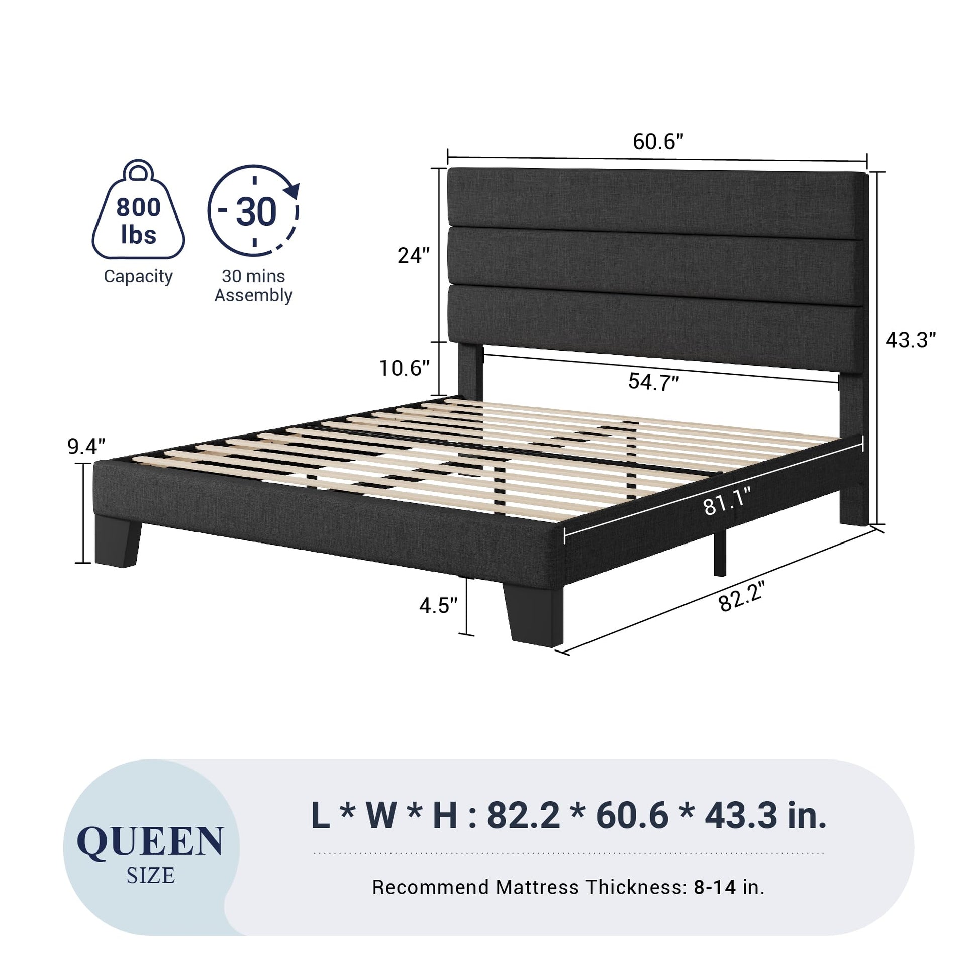 Allewie Queen Size Dark Grey Platform Bed Frame with Upholstered Headboard and Wooden Slats - WoodArtSupply