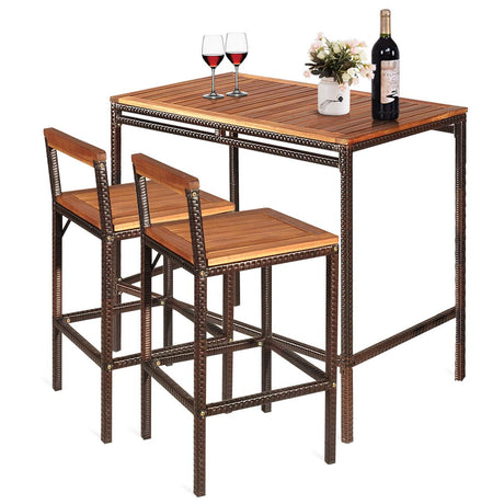 Tangkula 3 Pieces Patio Bar Table Set, Outdoor Rattan Bistro Set with Acacia Wood Top, Wood Table Set with 2 Bar Chairs for Dining Room, Backyard, Patio and Balcony Tangkula
