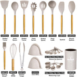24 Pcs Kitchen Cooking Utensils Set,446°F Heat Resistant Non-Stick Silicone Kitchen Utensil Set With Wooden Handles and Holder,Kitchen Gadgets for Cookware,Kitchen Accessories,Khaki Hoenart