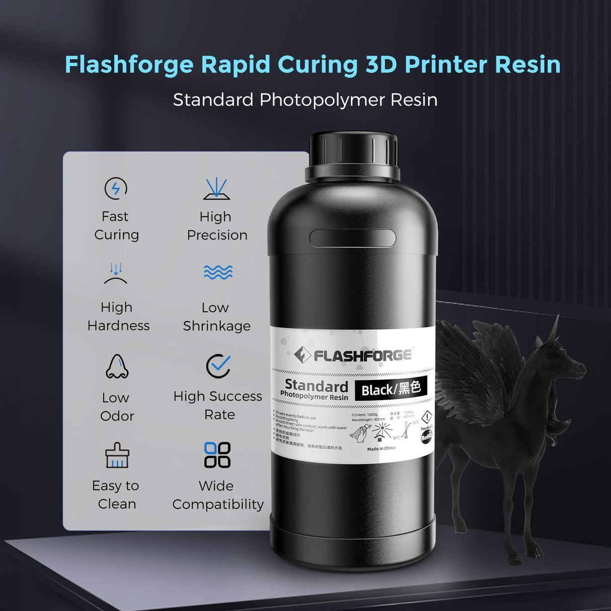 Flashforge 3D Printer Resin 1kg, Fast UV Curing Black Resin 405nm Standard Photopolymer Resin 3D Printer Liquid for LCD/DLP/SLA 3D Printing, High Precision and Low Shrinkage, Low Odor (Black, 1kg) Creator