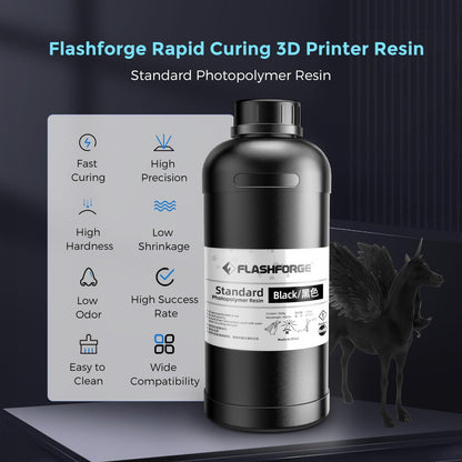 Flashforge 3D Printer Resin 1kg, Fast UV Curing Black Resin 405nm Standard Photopolymer Resin 3D Printer Liquid for LCD/DLP/SLA 3D Printing, High Precision and Low Shrinkage, Low Odor (Black, 1kg)