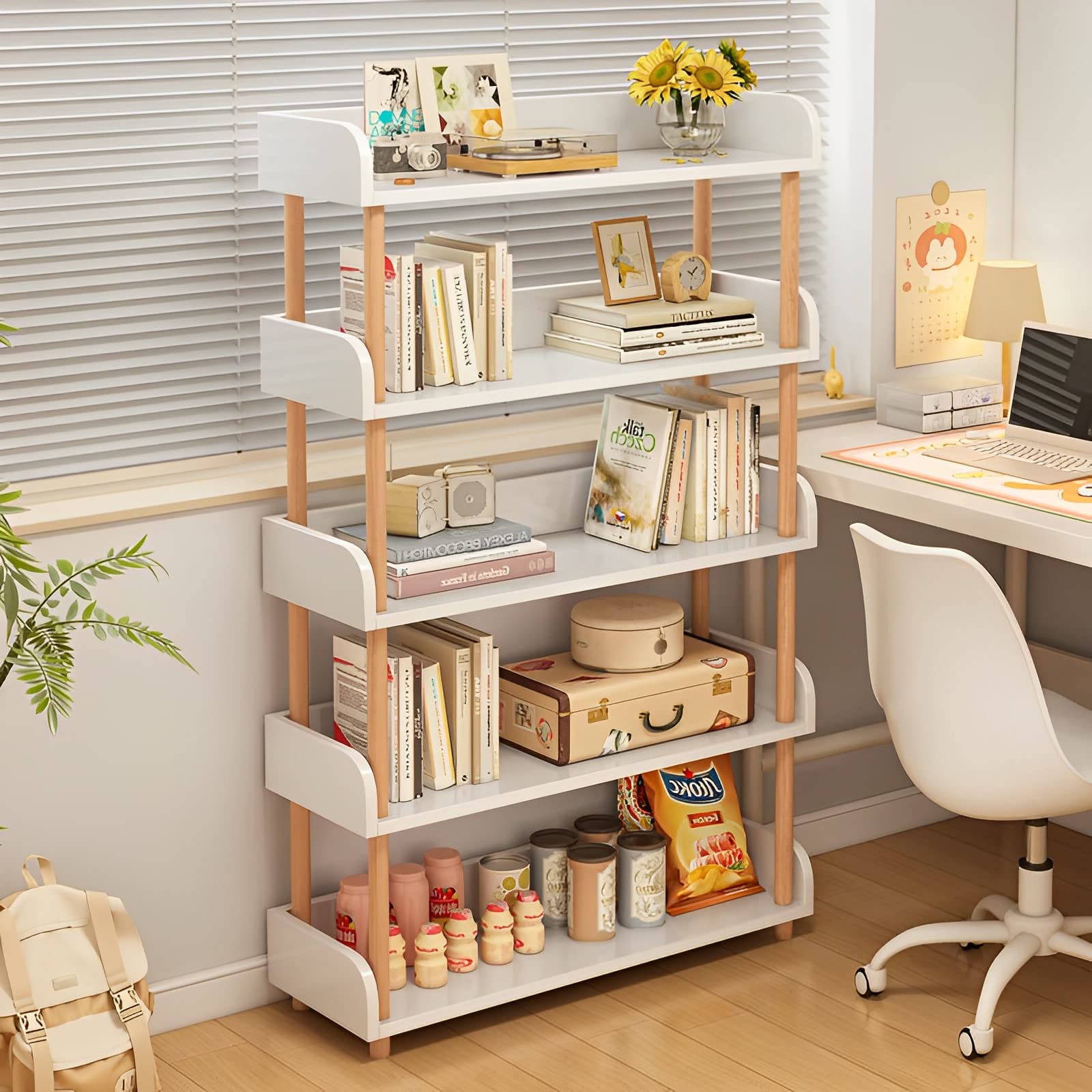 Modern 5-Tier Open Bookcase in Warm White with Solid Wood Frame and Side Panels - WoodArtSupply