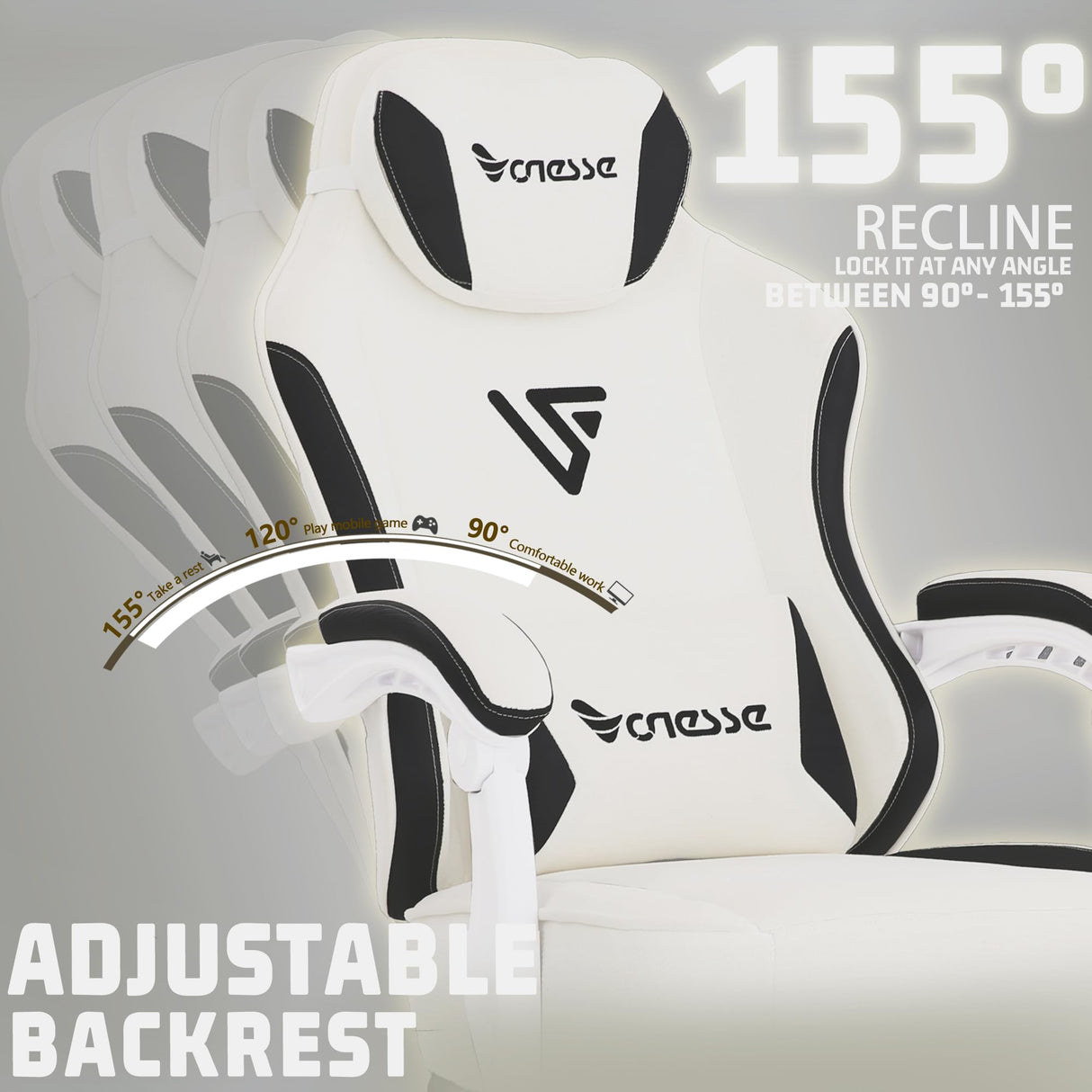 Vonesse Gaming Chair, Computer Chair Fabric with Pocket Spring Cushion, Office Chair with Footrest and Massage Lumbar Support, Reclining Gaming Chairs for Adults 250LBS (Beige White) Vonesse