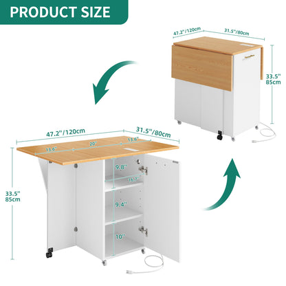 YITAHOME Folding Kitchen Island with Trash Can Storage Cabinet & Power Outlet, Drop Leaf Kitchen Islands Table Long Floating on Wheels w 3 Storage Racks Cabinet for 10 Gallon Garbage Bin, Wihte & Oak