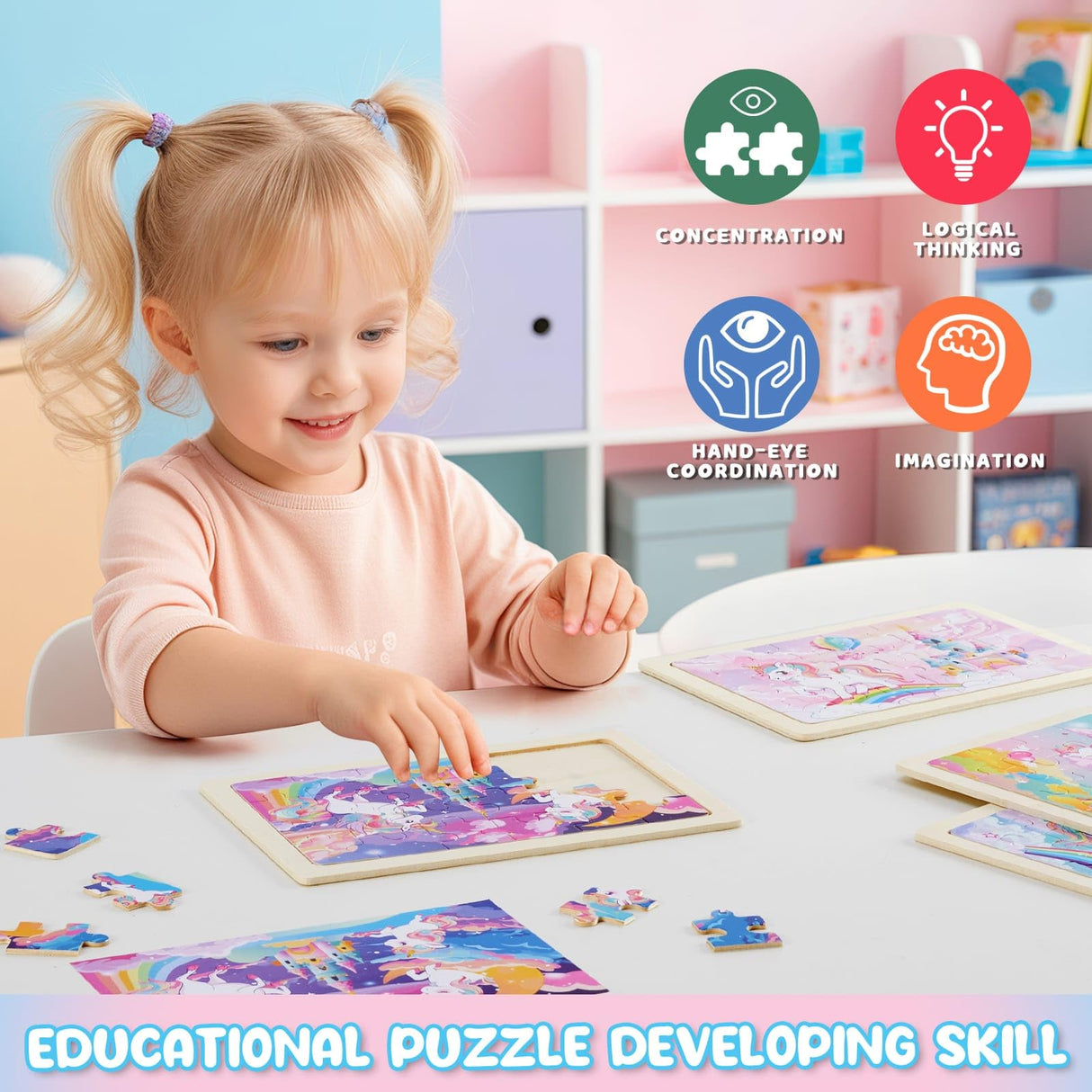 WERNNSAI Unicorn Wooden Jigsaw Puzzles - 4 Pack of 24 Piece Unicorn Princess Wooden Puzzles Preschool Educational Brain Teaser Boards Toddlers Toys Gifts for 3 4 5 6 Year Old Kids Birthday Toys Gifts WERNNSAI