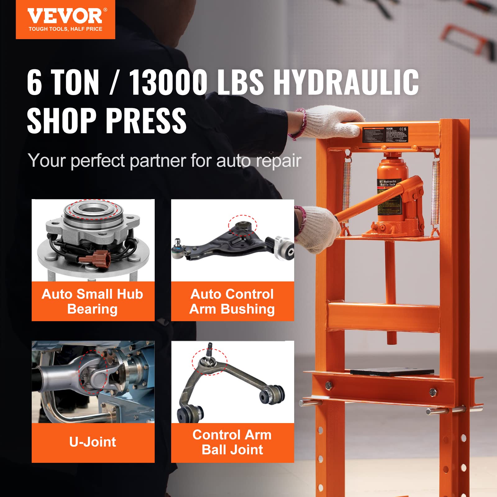 VEVOR Hydraulic 6 Ton H-Frame Garage Floor Adjustable Shop Press with Plates, 6T, Orange - WoodArtSupply