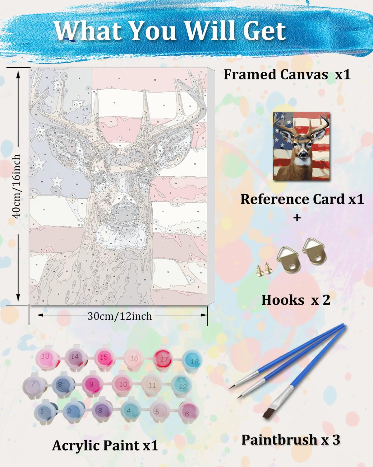 TOCARE Framed Paint by Numbers Kit for Adults, American Deer Paint by Numbers with Frame,Deer Paint by Number Framed Canvas for Adults Animals (12x16Inch, Without Easel) TOCARE