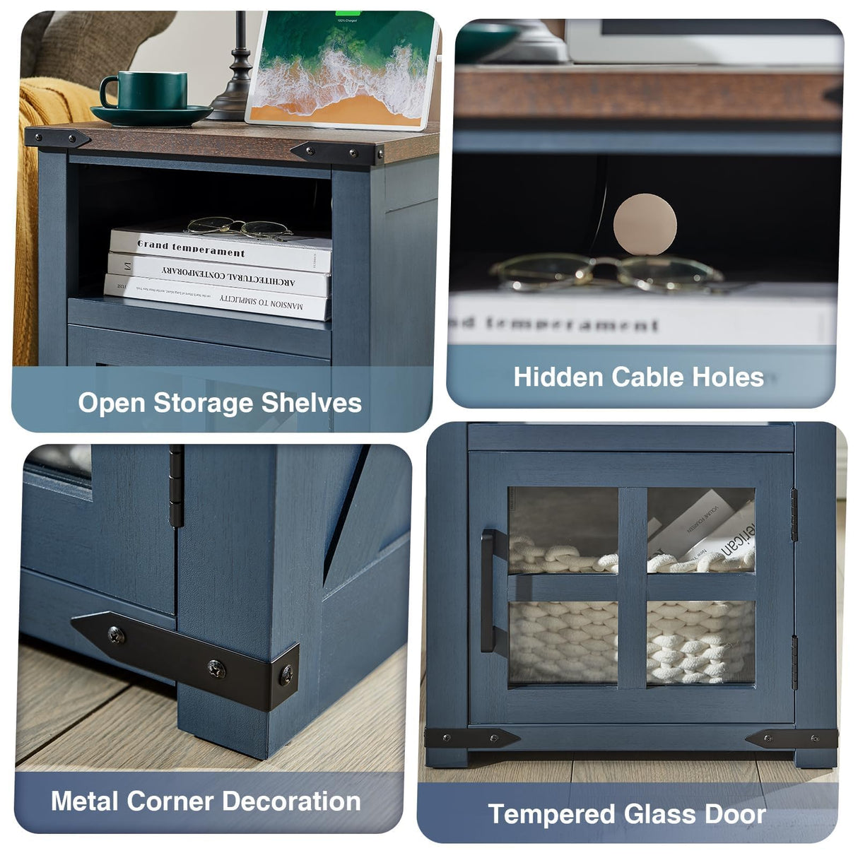 Barnyatoh Farmhouse Nightstand with Charging Station, Rustic End Table with Tempered Glass Barn Door, Wood Sofa Side Bedside Table with Open Storage Shelf for Living Room, Bedroom, Blue Barnyatoh