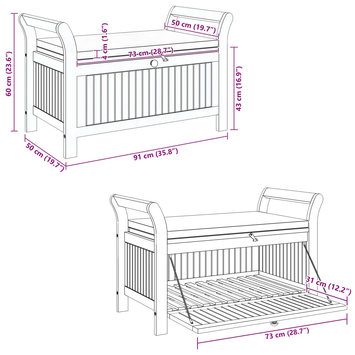 vidaXL Garden Storage Bench, Solid Acacia Wood, White Cushion Included, Classic Outdoor Design, Patio & Garden Seating, 35.8" x 19.7" x 23.6", Patio & Deck Organizer, Durable Wooden Furniture vidaXL