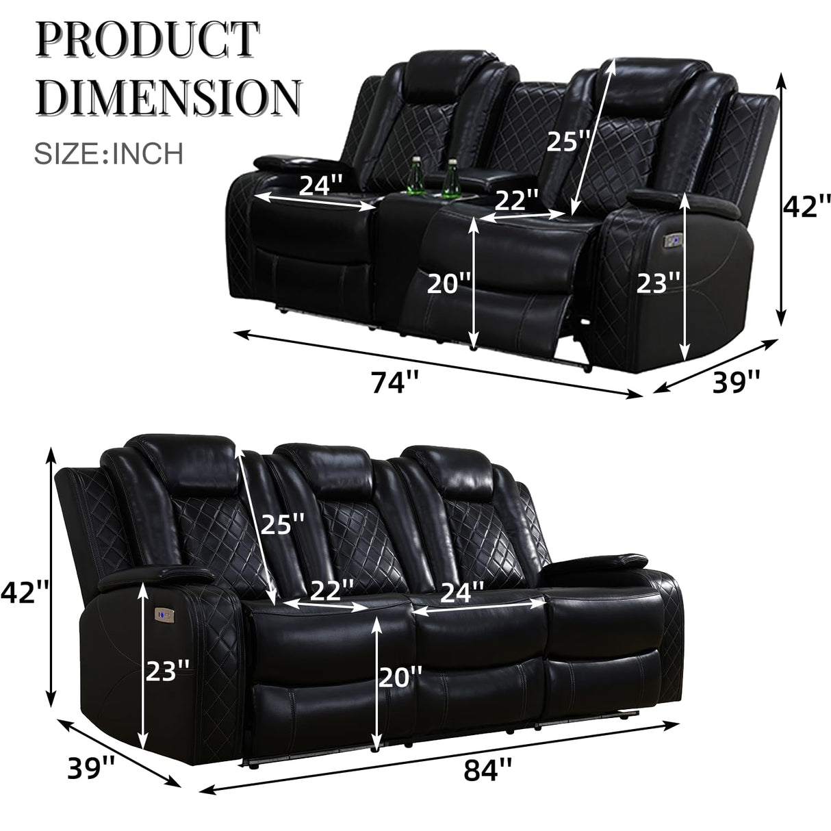 Caberryne Power Recliner Sofa Set with LED Lights,Leather Reclining Sofa and Loveseat Set with USB Port/Cup Holder,Living Room Furniture Set for House/Home Theater(2 Piece Set,Black) Caberryne