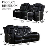 Caberryne Power Recliner Sofa Set with LED Lights,Leather Reclining Sofa and Loveseat Set with USB Port/Cup Holder,Living Room Furniture Set for House/Home Theater(2 Piece Set,Black) Caberryne