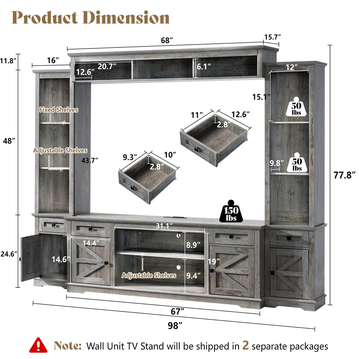 AMERLIFE 98" Farmhouse Entertainment Center Wall Unit with Bookshelves, Wine Cabinet, Fits 78" TVs, Large TV Stand with Power Outlets & Barn Door, Rustic Media Console for Living Room, Gray AMERLIFE