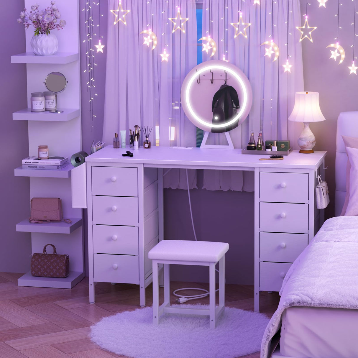 KAI-ROAD Makeup Vanity with Storage and Lighted Mirror - White Vanity Desk with Mirror and Lights, 8 Large Fabric Drawers & Power Outlet, Dressing Table Vanities Chair Set for Girls Bedroom KAI-ROAD