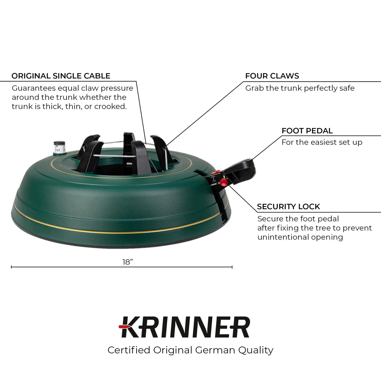 Krinner Christmas Tree Genie XL - Green Tree Stand - Original Single Cable Operation, Holds up to 10 ft Live Trees - Foot Pedal Setup & Water Reservoir with Level Indicator - German Made Krinner
