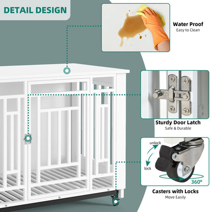 YITAHOME Dog Crate Furniture, 31.9" Heavy Duty Dog Cage, Wooden Side End Table with Wheels, Chew-Resistant Metal Dog Kennel with Removable Tray, Dog House Indoor for Small Medium Dogs, White - WoodArtSupply