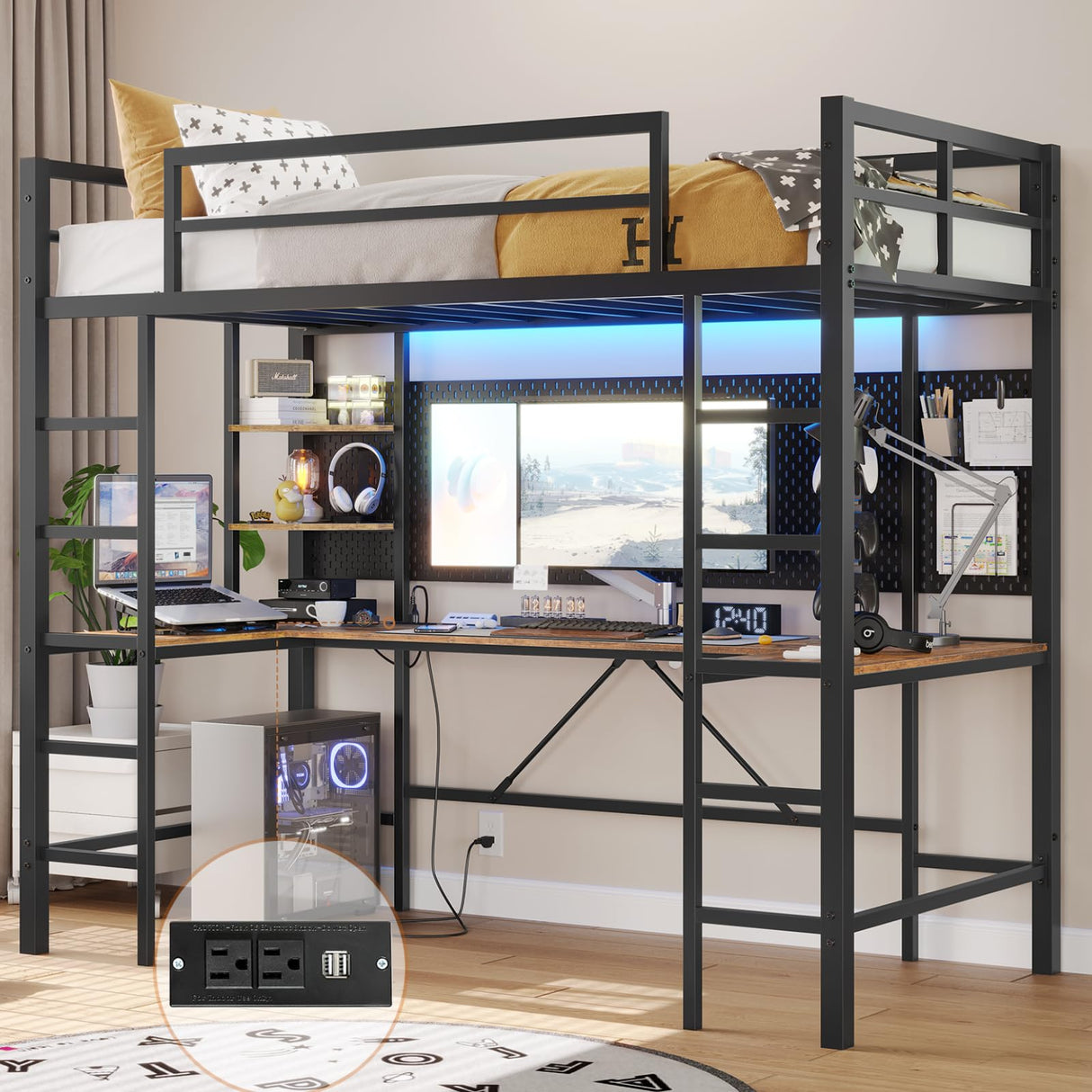 DICTAC Twin Loft Bed with U-Shaped Desk, LED Lights, Charging Station, and Storage Shelves - Black DICTAC