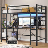 DICTAC Twin Loft Bed with U-Shaped Desk, LED Lights, Charging Station, and Storage Shelves - Black DICTAC