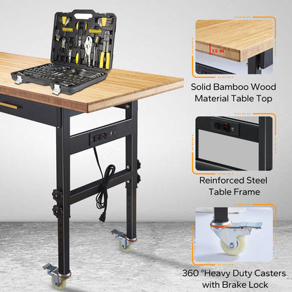 60" Adjustable Work Bench with Drawer Storage, Power Outlet, and Wheels - Heavy Duty Work Table for Home, Garage, and Office - Sturdy Steel Frame with Solid Bamboo Table Top - 2700 lbs Capaci - WoodArtSupply