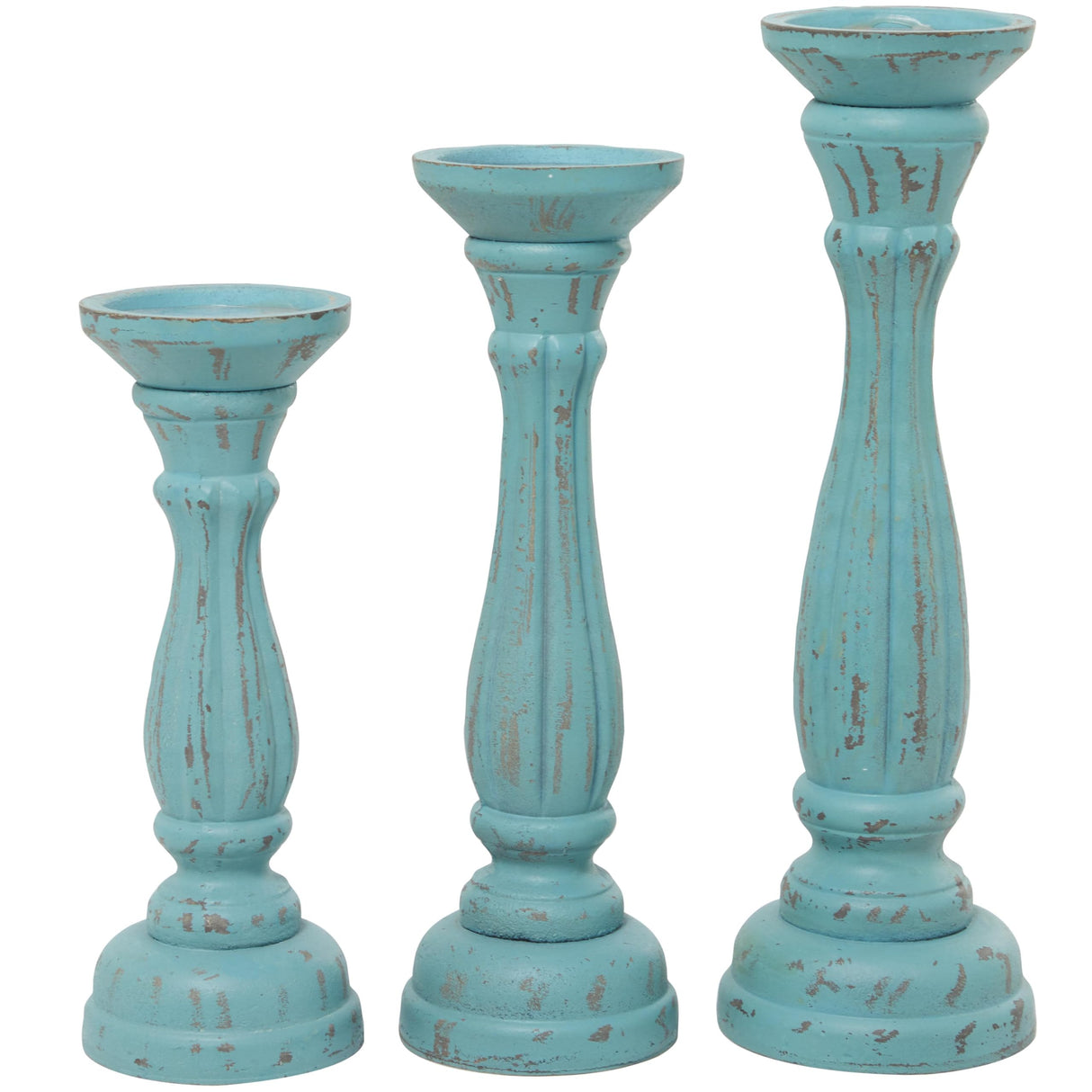 Deco 79 Wooden Decorative Candle Holder Distressed Candle Stand, Set of 3 Candlestick Holder 15", 13", 11"H, Blue Deco 79