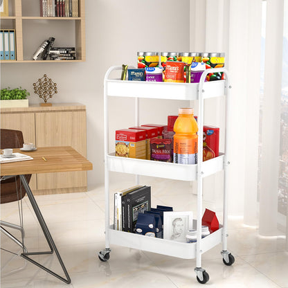 PNVXNUS 3 Tier Rolling Metal Storage Carts with Wheels,Multi Functional Organizer Cart for Office, Bathroom, Kitchen, Book, Diaper. Easy Assembly. (White)