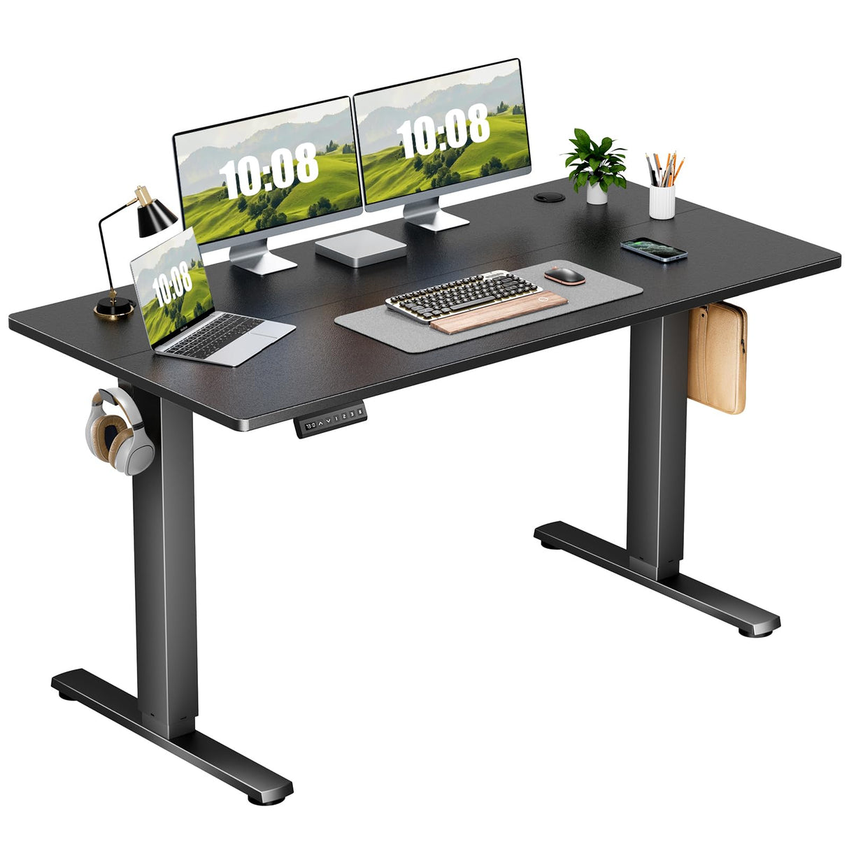 Sweetcrispy Electric Adjustable Height Standing Desk - 55 x 24 inch Sit to Stand Up Desk with Splice Board, Rising Home Office Computer Table with 2 Hook and Wire Hole for Work Sweetcrispy