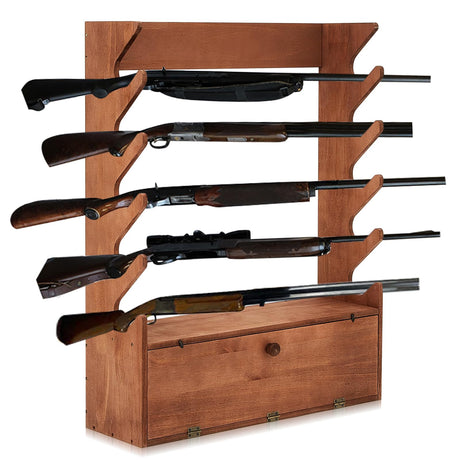 GlikCeil Walnut Color Gun Display Rack Pine Wood Firearm Display Rack Indoor Gun Cabinet Gun Shelf Rifle Display Case with Storage Compartment for Gun Accessories GlikCeil