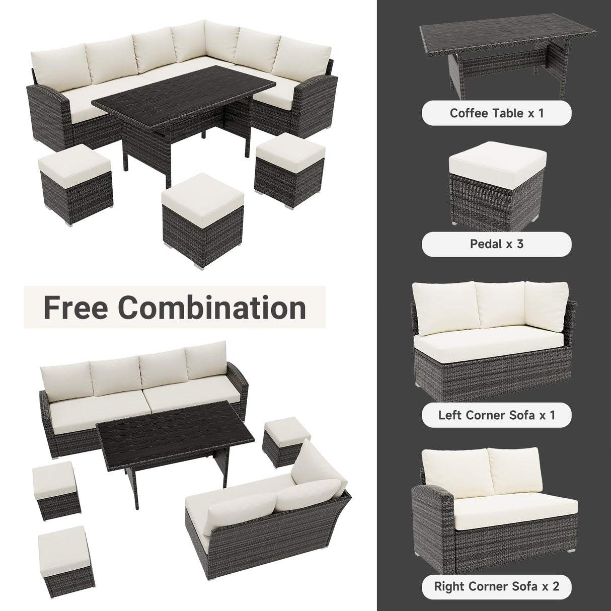 7 Piece Outdoor Patio Furniture Set with Plastic Wooden Table, Patio Rattan Conversationr Sofa Set, All Weather Sectional Rattan Sofa and Chairs, Garden, Porch, Poolside, Grey + Beige GAOMON
