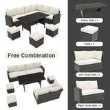 7 Piece Outdoor Patio Furniture Set with Plastic Wooden Table, Patio Rattan Conversationr Sofa Set, All Weather Sectional Rattan Sofa and Chairs, Garden, Porch, Poolside, Grey + Beige GAOMON